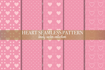 Set of 5 abstract background texture. Dot and heart shape seamless pattern. Minimal style vector illustration forwallpaper, flyer, cover, design. Bubble circle geometric ornament, decorative element
