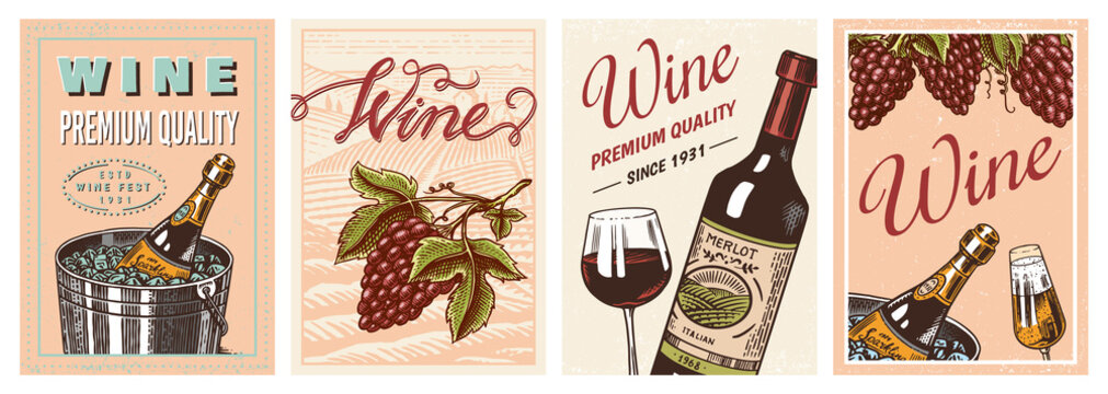 Wine posters or vineyard banners. Sparkling champagne background, Cheers toast and Grape. Hand Drawn engraved vintage old sketch for bar, alcohol label, restaurant menu.