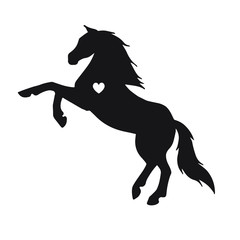Vector flat black horse silhouette with heart isolated on white background