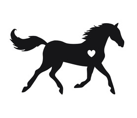 Fototapeta na wymiar Vector flat black running horse silhouette with heart isolated on white background