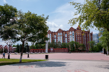 Russia, Blagoveshchensk, July 2019: Summer. Victory square in the center of Blagoveshchensk