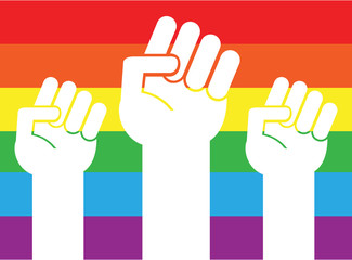 Obraz premium Vector flat cartoon white three fist isolated on lgbt rainbow flag background