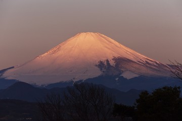 Mt. Fuji in winter with sunrise dyed red.