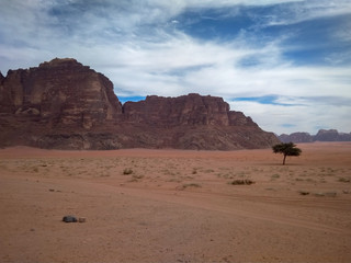 rock formations and desert landscape of Wadi Rum desert in southern Jordan. Popular tourist destination and place of Lawrence of Arabia