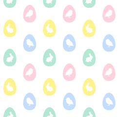 Vector seamless pattern of flat cartoon pastel eggs with rabbit and chick silhouette isolated on white background