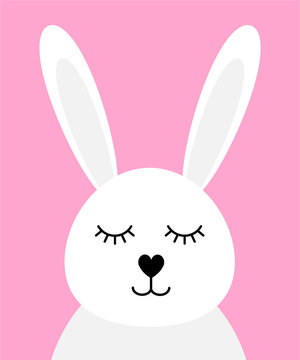 Vector flat cartoon white rabbit face head isolated on pink background
