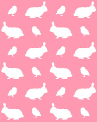 Vector seamless pattern of easter white rabbit and chick silhouette isolated on pastel pink background