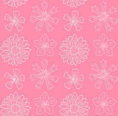 Vector seamless pattern of hand drawn doodle sketch field flowers isolated on pink background 