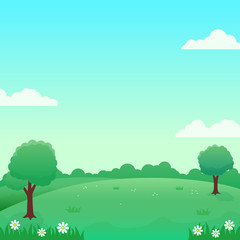 Nature landscape vector illustration with green field, flowers, trees and bright sky suitable for background 