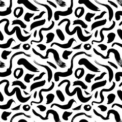 Black paint freehand scribbles vector seamless pattern. Wavy lines and round shapes, circles with dry brush stroke texture.