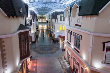 Russia, Blagoveshchensk, July 2019: Interior in the style of the old city with cafes and eateries in the shopping center 