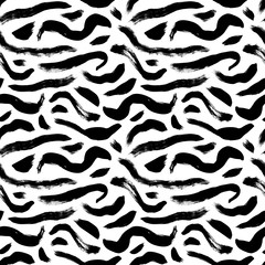 Wavy and swirled brush strokes vector seamless pattern. Black paint freehand scribbles, abstract ink background.