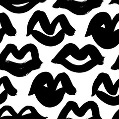 Black paint lips vector seamless pattern. Abstract girl's and woman's mouth. Grunge brush stroke texture.