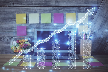 Multi exposure of graph and financial info and work space with computer background. Concept of international online trading.