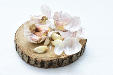 Heads of garlic, ripe white corsage on white wooden background