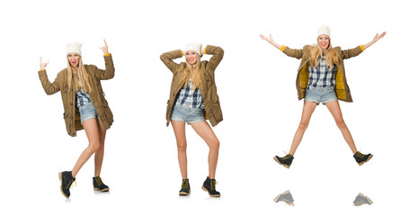 Pretty woman in jeans shorts isolated on white