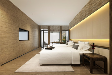 Fototapeta na wymiar 3d rendering luxury tropical bedroom suite in resort hotel and resort with twin bed
