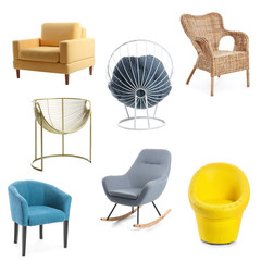Collage with different comfortable armchairs on white background