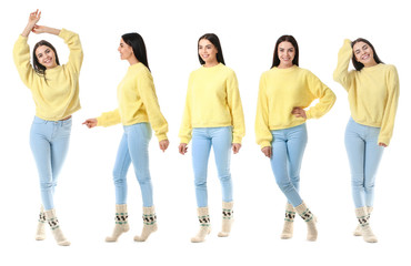 Collage with beautiful young woman in warm sweater on white background