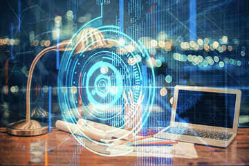 Double exposure of computer and technology theme hologram. Concept of freelance work.