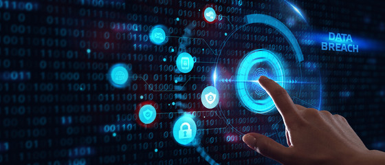 Business, technology, internet and networking concept. Young businessman working in the office, select the icon Data breach  on the virtual display.