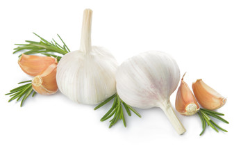 Fresh garlic with herbs on white background