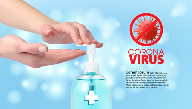 Woman Hands Using Wash Hand Sanitizer Gel Dispenser, Coronavirus.