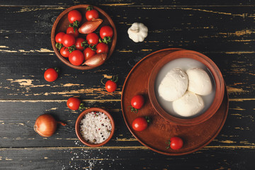 Mozzarella cheese with tomatoes and spices on dark wooden background