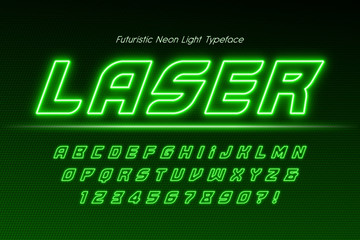 Neon light 3d alphabet, extra glowing modern type.