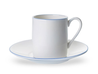 Empty cup with saucer on white background