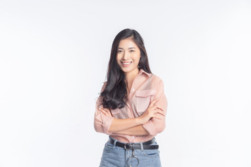 Young Asian girl Smiling, woman Portrait isolated on white background. The lady in a summer t-shirt Short jeans. Copy space