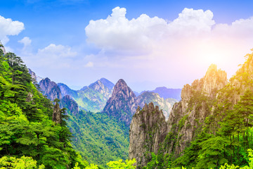 Beautiful Huangshan mountains natural landscape on a sunny day in China.