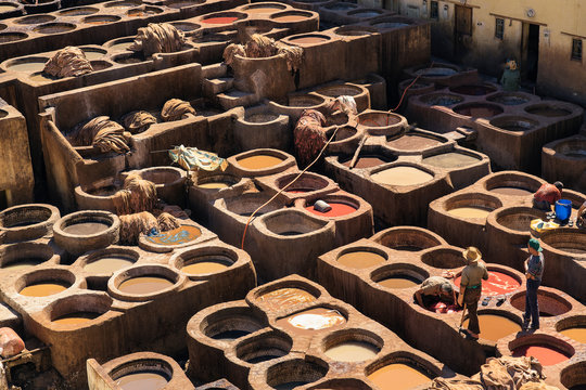Aerial view of tanneries of Fes, colour paint for leather, Morocco, Africa