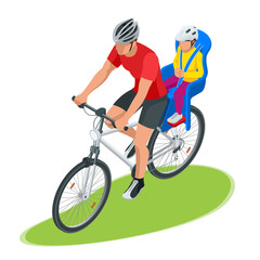 Fototapeta premium Isometric family biking. Young father safety helmet with toddler strapped child seat his bicycle. Bicycle with plastic child seat.