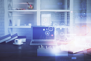 Technology theme drawing and work space with computer. Multi exposure. Concept of innovation.