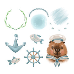 Big set of cute nautical marine elements and beaver sailor. Isolated objects on white background. Hand drawn illustration. Scandinavian style design. Concept for children print.