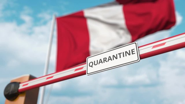 Closing boom barrier with QUARANTINE sign against the Peruvian flag. Border closure or infection related isolation in Peru