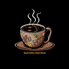 Cup of coffee with smile emoji vector illustration. Good coffee good mood. Template design for sticker, poster, and t-shirt