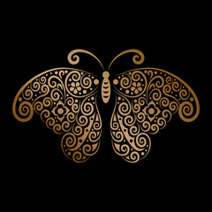 Gold butterfly on a black background. Black and Gold colors. illustration