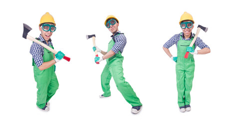 Funny man with axe isolated on white