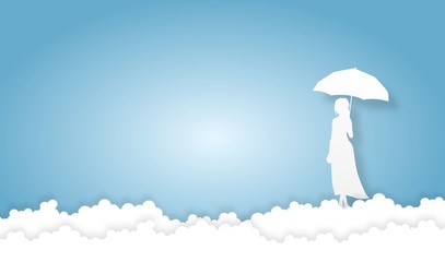 woman with umbrella in sky and cloud background,vector,illustration,paper art style,copy space for text