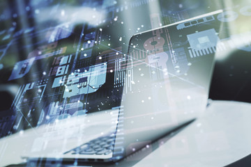 Abstract creative coding concept on modern laptop background. Multiexposure