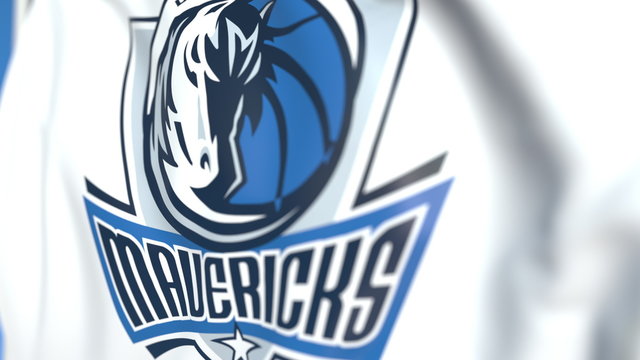 Flying Flag With Dallas Mavericks Team Logo, Close-up. Editorial 3D Rendering