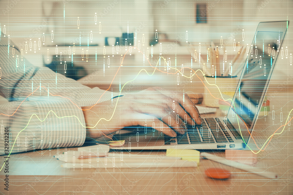 Poster double exposure of stock market graph with man working on laptop on background. concept of financial