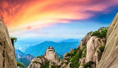 Beautiful Huangshan mountains landscape at sunrise in China.