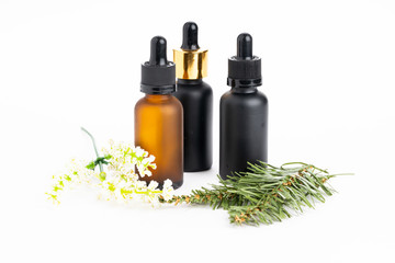 Natural  cosmetics concept: Cosmetics with grean leaves isolated on white