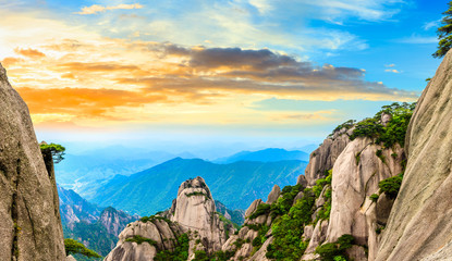 Beautiful Huangshan mountains landscape at sunrise in China.