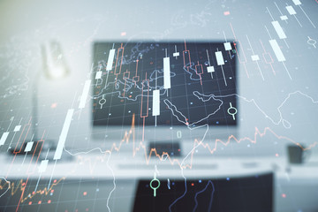 Multi exposure of abstract financial diagram with world map on computer background, banking and accounting concept