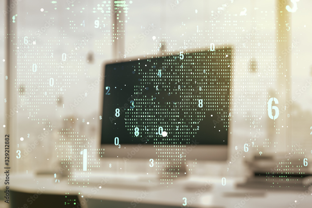 Poster double exposure of abstract programming language with world map on laptop background, research and d