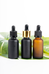 Natural  cosmetics concept: Cosmetics with grean leaves isolated on white